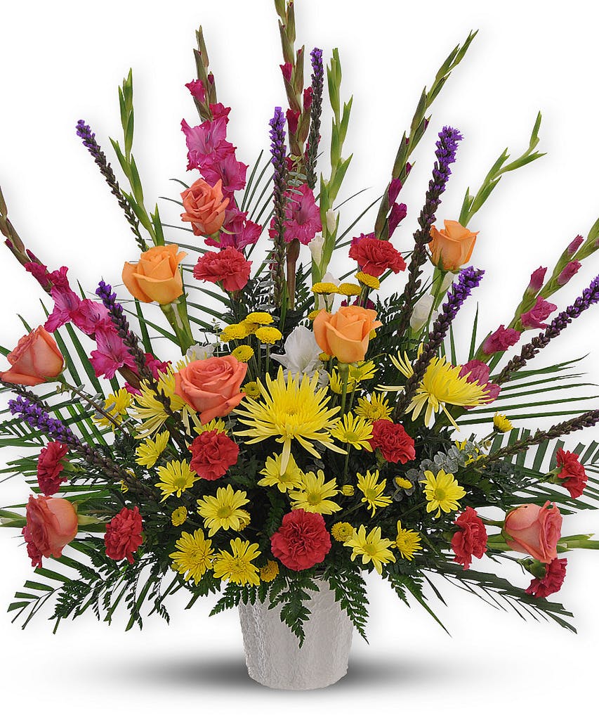 Rainbow Radiance Funeral Flower Arrangement | Dallas Delivery